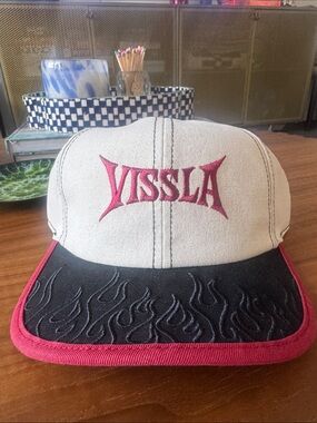 VISSLA Two-Tone Flame Embroidered Hat in Cream, Black & Red